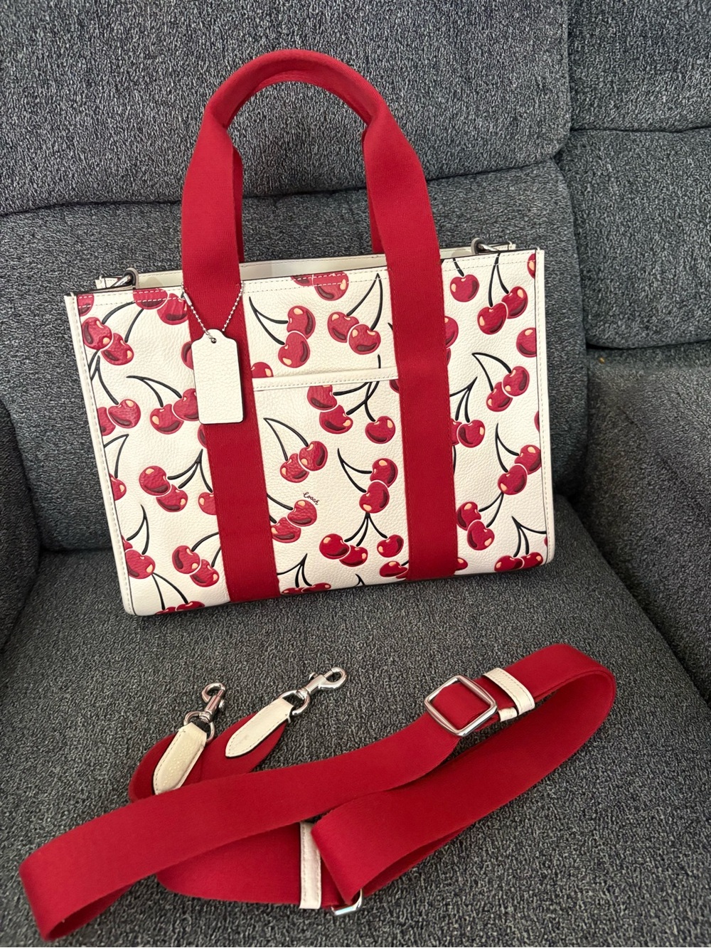 Coach White Cherry Print Tote with Red Straps